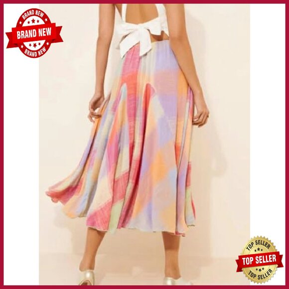 Elastic Waist Flowy Long Skirt Midi A-Line Ruffle Plaid Print - Picture 5 of 7